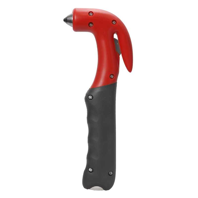 Red-handled claw hammer with a black ergonomic grip, used for driving nails and prying.