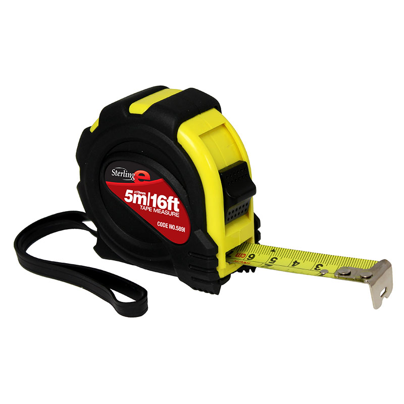 Yellow and black retractable tape measure with a metal blade extended to several inches (5m/16ft) and a wrist strap attached, used for measuring.