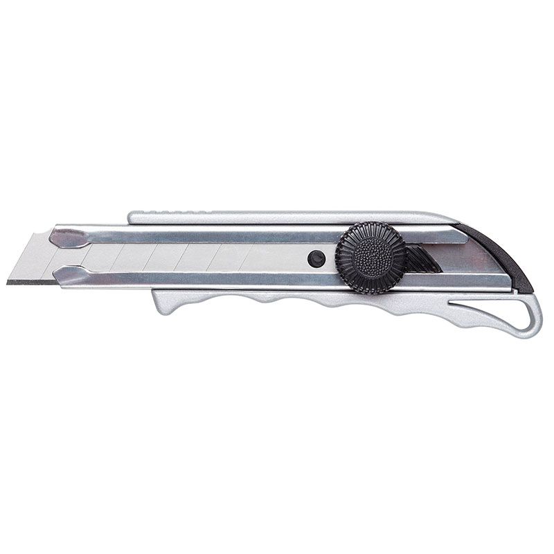 Box cutter with extendable blade and silver metal body, shown to the left.