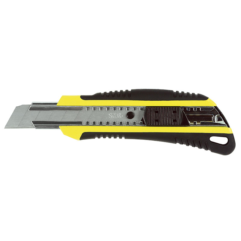 Yellow and black retractable utility knife with the blade extended, ready to cut a material surface.