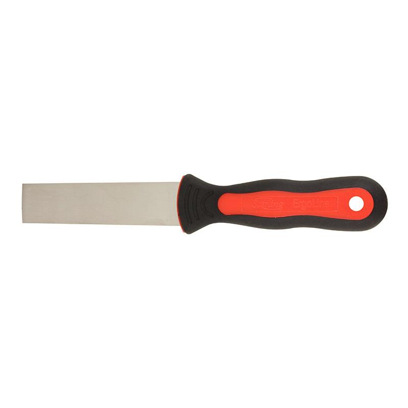 Putty knife with a flat metal blade and orange-black rubber handle