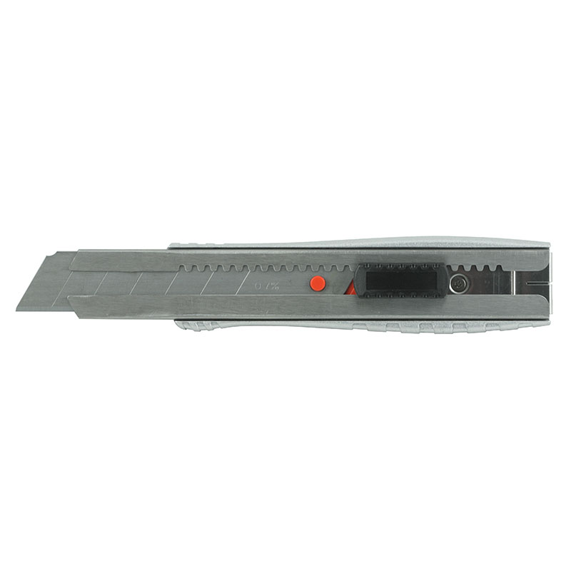 Silver retractable utility knife with an orange safety button and black blade housing, blade tucked inside.