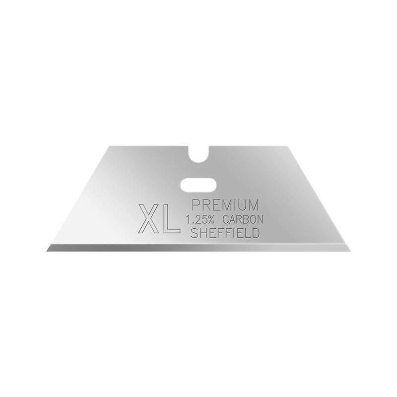 Silver razor blade with 'XL Premium 1.25% Carbon Sheffield' engraved on it against a white background