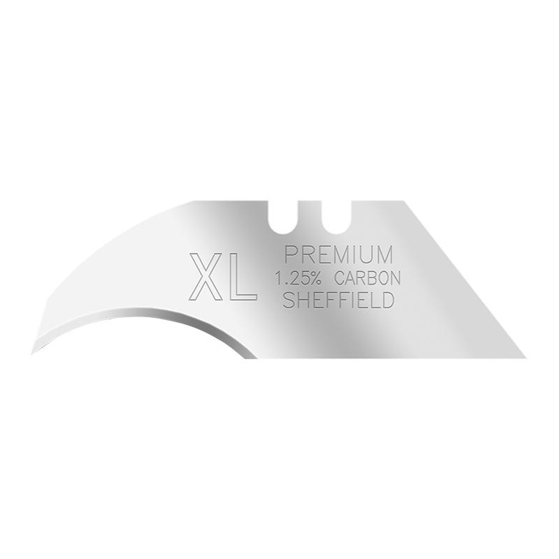 Metal blade tag with embossed text: XL Premium 1.25% Carbon Sheffield in a curved shape