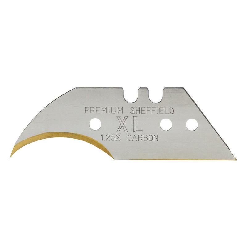 Metal utility blade labeled Premium Sheffield XL, 1.25% carbon, against a white background.