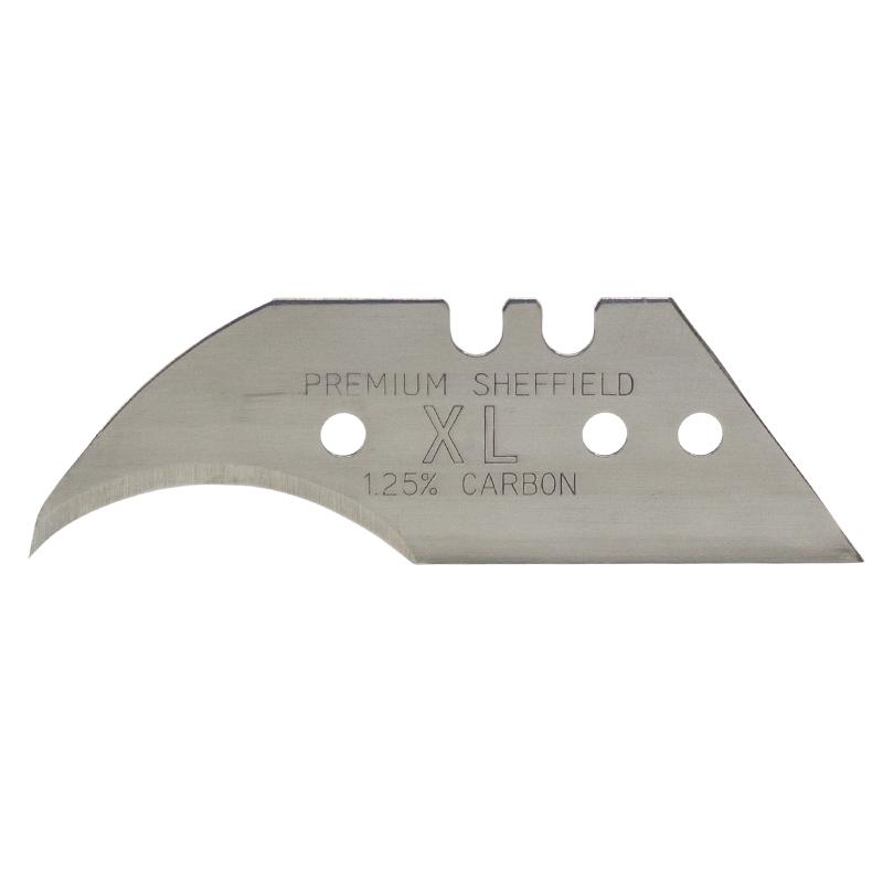 A metal replacement cutting blade labeled Premium Sheffield XL 1.25% carbon, curved edge and several holes for fastening. (Informative)