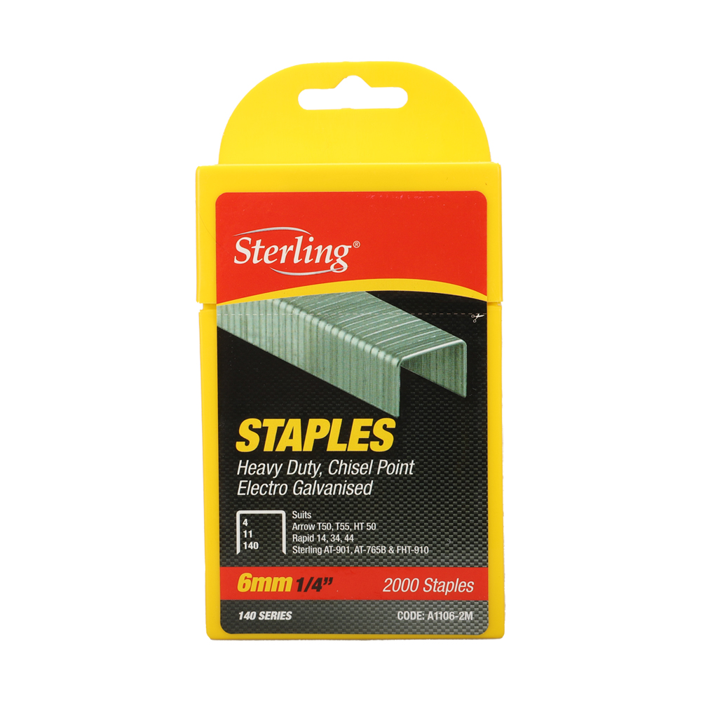 Pack of Sterling 6mm staples (1/4 inch), heavy-duty electro-galvanised staples, 2000 staples per box with yellow packaging.