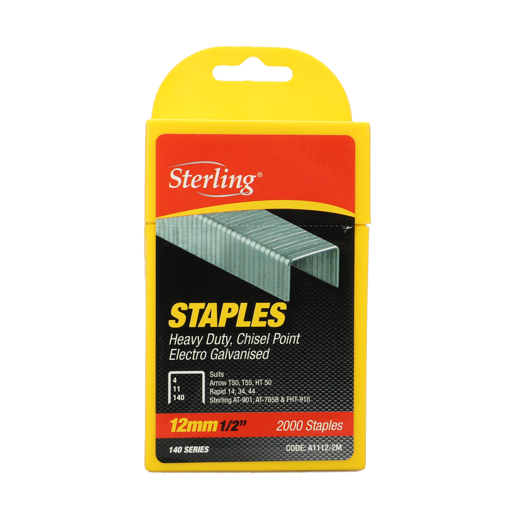Sterling Staples packaging: 12mm (1/2") heavy-duty electrogalvanised staples, 2000 staples inside behind yellow blister pack UI