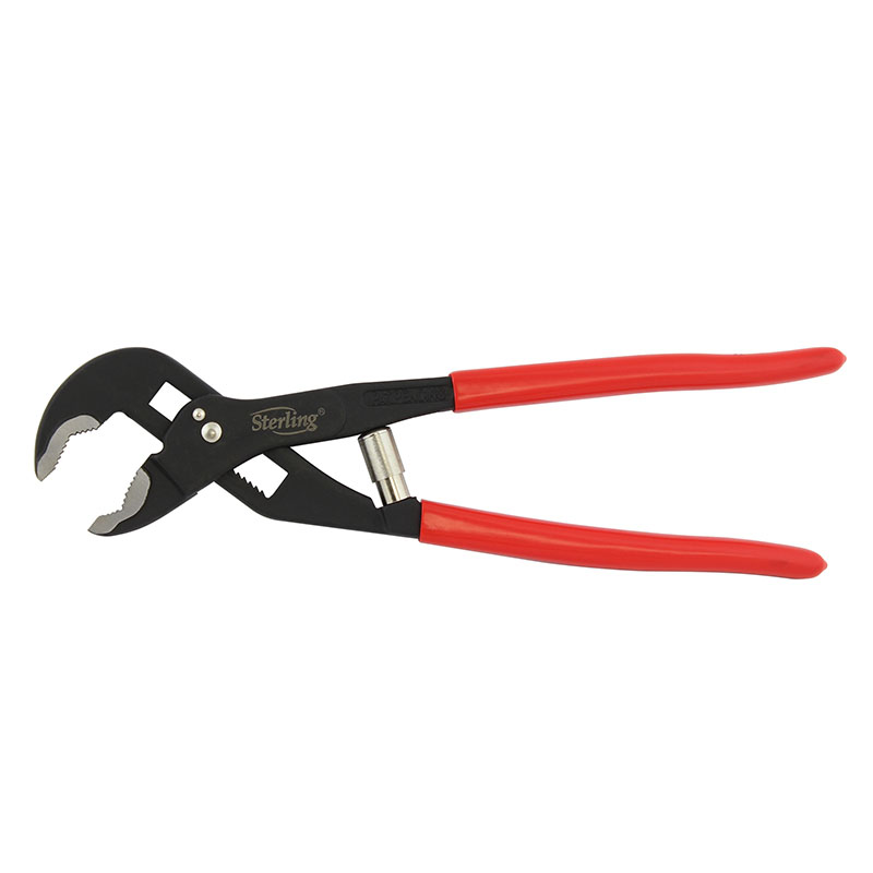 Locking pliers with red handles and adjustable jaws for gripping pipes or fittings (Sterling brand).”, “Crescent-style locking pliers in a closed position with red insulated handles.”, “Pliers tool (adjustable locking pliers) with black body and red grips, used to grip and turn objects.”, “Hand tool: vise-grip locking pliers with serrated jaws and red handles.”, “Industrial locking pliers designed for gripping and turning objects, featuring red handles and black jaw.
