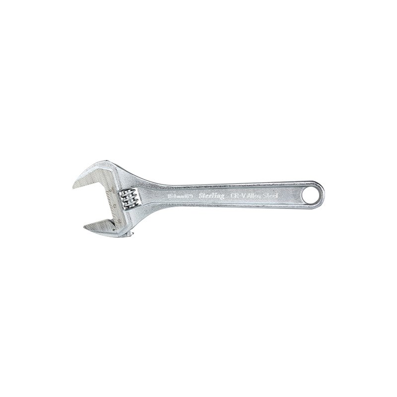 Adjustable crescent wrench on a white background for turning nuts and bolts.
