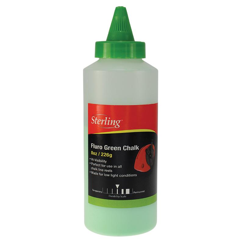 Plastic bottle of Sterling Fluro Green Chalk with a green cap; label shows 8 oz / 226 g and usage notes for chalk line reels and low-light conditions.