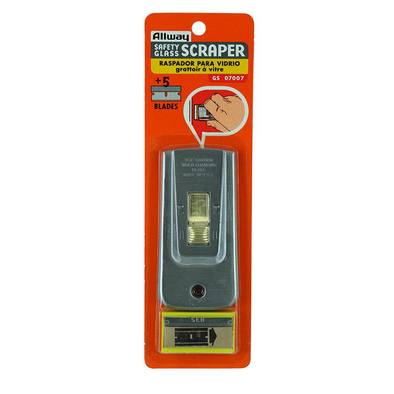 Allway safety glass scraper in orange packaging with five extra blades