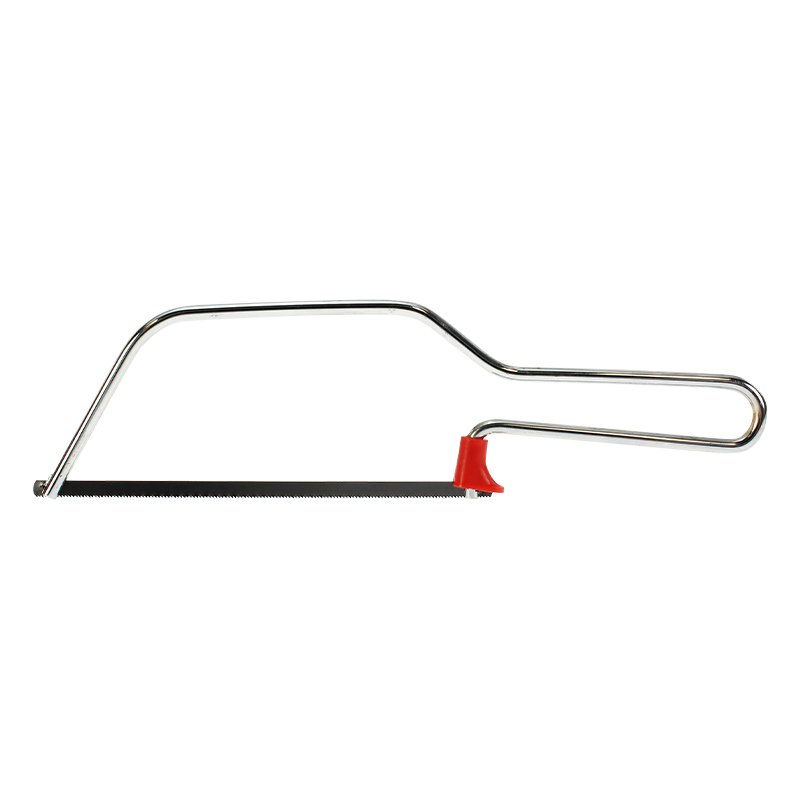 Hacksaw with a metal U-shaped frame, black blade, and red tension knob near the handle.