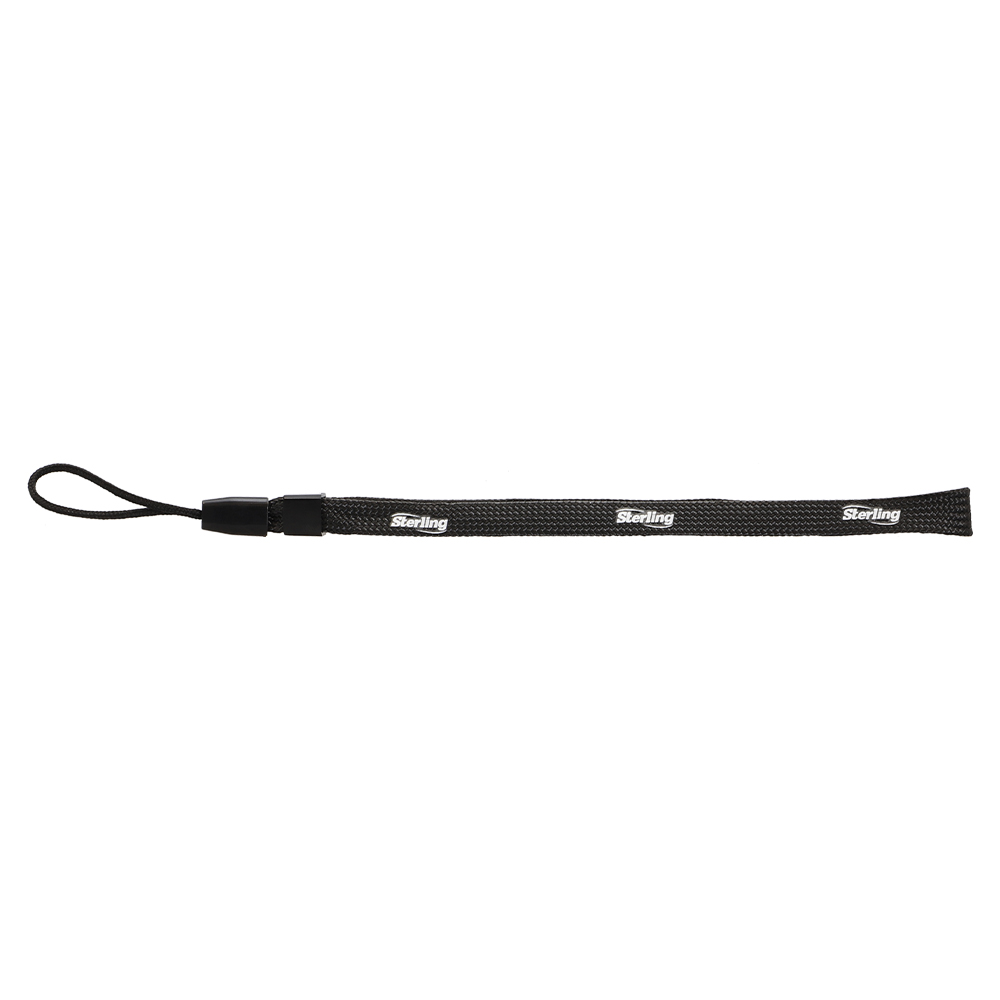 Black nylon lanyard with loop and Sterling logo repeated along the strap for attaching an ID badge