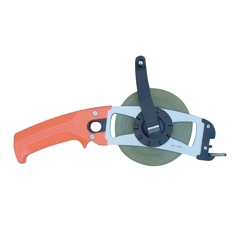Retractable tape measure with an orange ergonomic handle and a green tape wound around a circular spool on a white background.