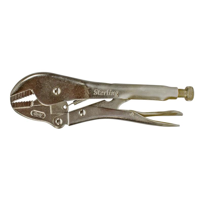 Locking pliers (vise-grip) in a closed position, showing the curved jaw and adjustment screw at the end of the handle, stainless metal finish