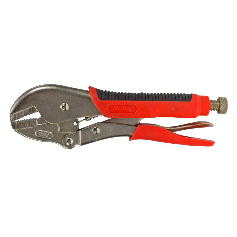 Locking pliers (vise-grip) with red and black grips and an adjustable screw at the end for setting grip size