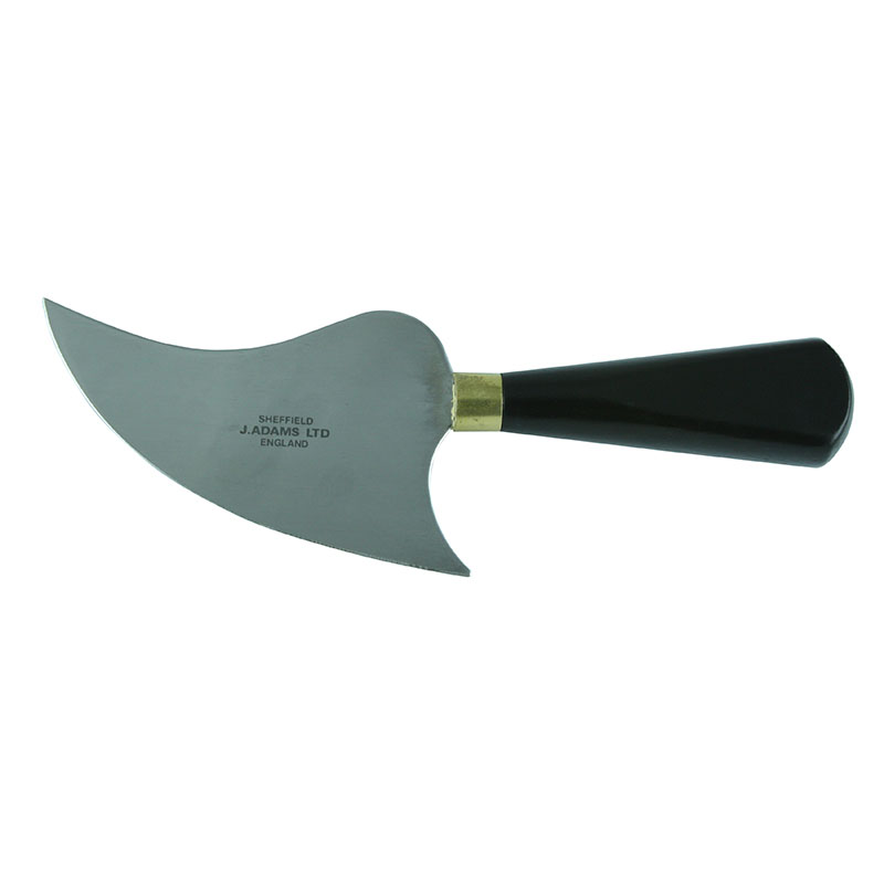 Mezzaluna-style rocking knife with a crescent blade and black handle, used for chopping herbs and vegetables.