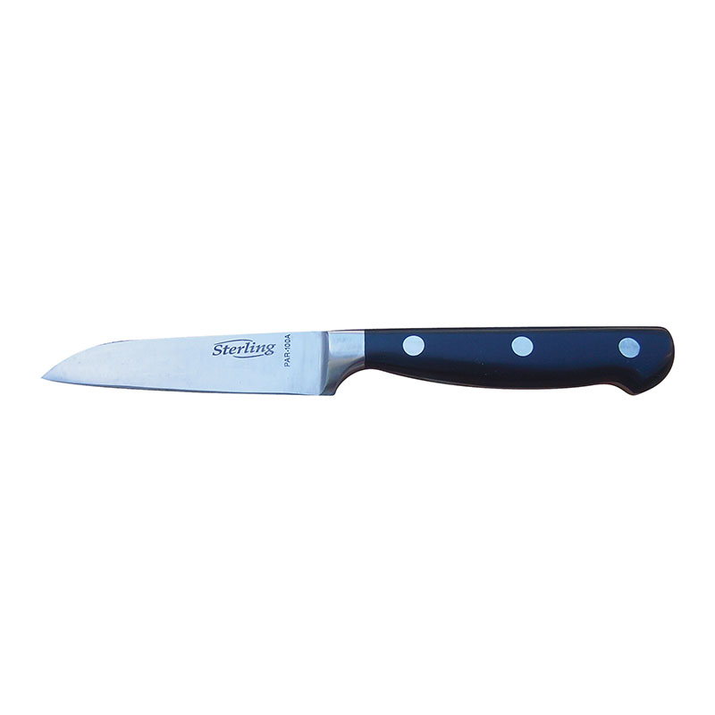 Kitchen knife with a stainless blade and dark blue-black handle with three rivets. (Sterling brand)
