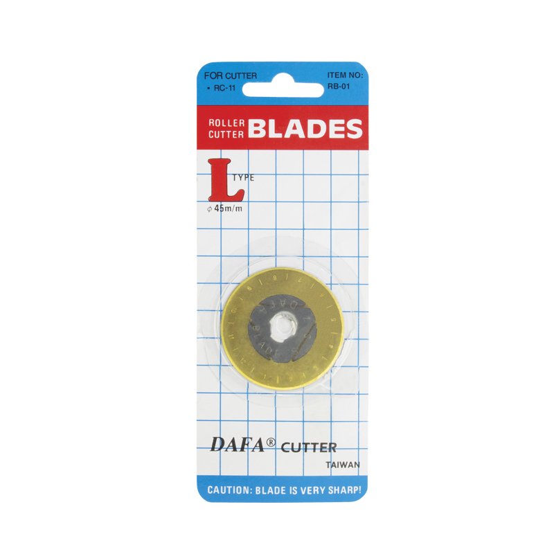 Replacement blade for a roller cutter, circular yellow guard and steel blade in packaging with grid card and caution note about sharpness (DAFA Cutter, Taiwan).