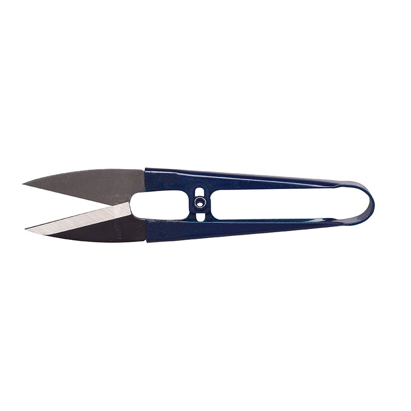 Blue-handled thread snips with locking latch, blades opened for precision cutting.