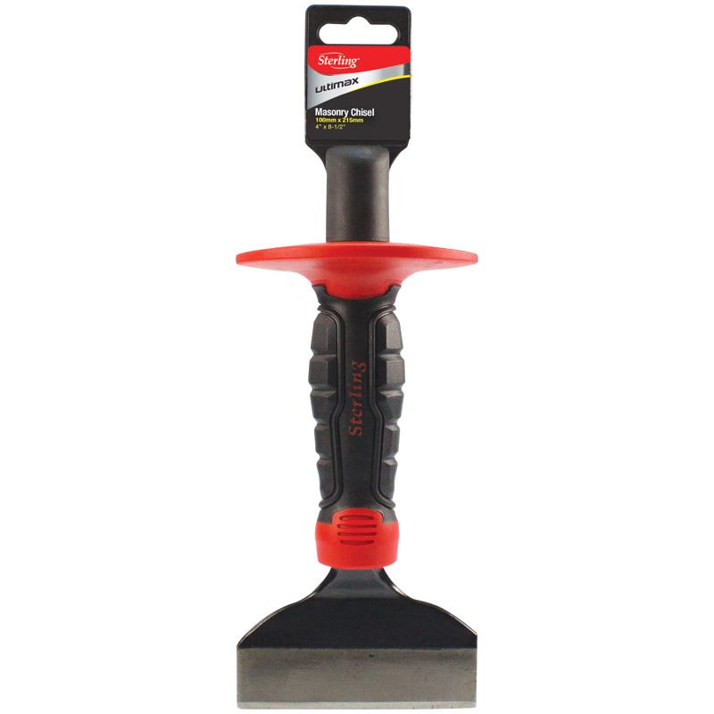 Masonry chisel with black and red handle, flat metal blade, labeled Sterling Ultimax on packaging top railing guard.