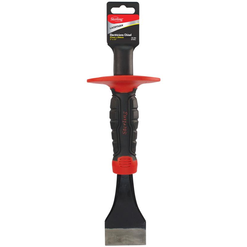 Electrician's chisel with red guard and black grip, upright with packaging label at the top, steel blade visible.