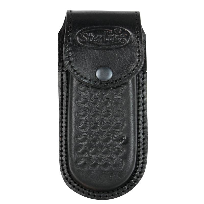 Black leather knife sheath with stitched border, a flap, snap closure, and embossed pattern on the front panel.
