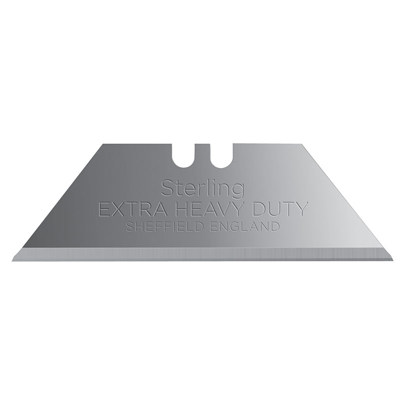 Metal razor blade with engraved text: ‘Sterling EXTRA HEAVY DUTY SHEFFIELD ENGLAND’ in a silver finish.