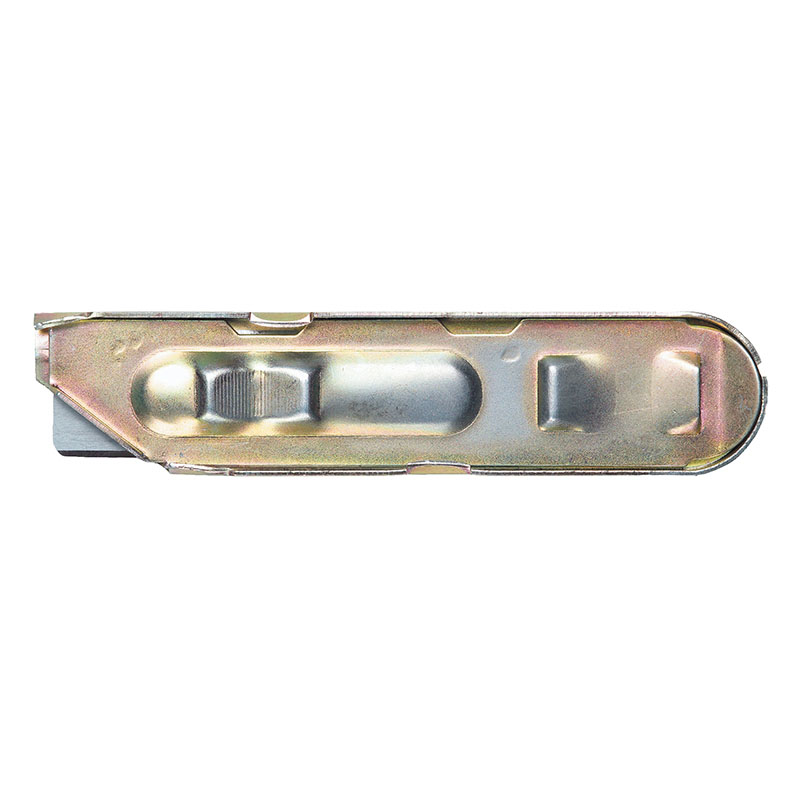 Long metal hand tool with a curved rounded end and a sliding mechanism, likely a staple remover or tack puller.