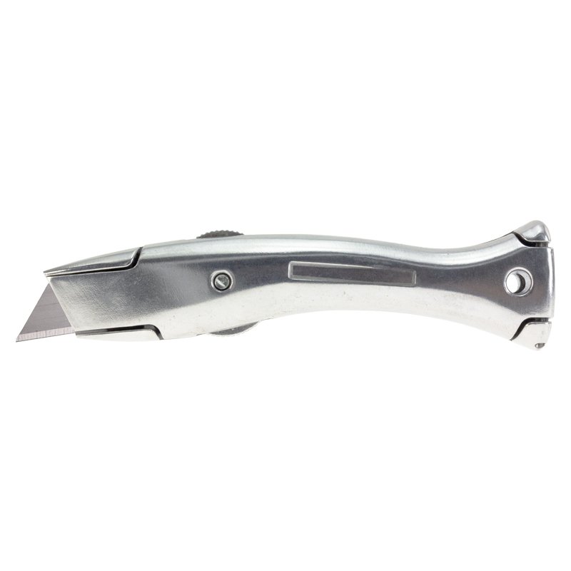 Silver retractable utility knife with blade extended on the metal handle surface