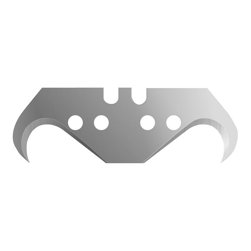 Metal tool blade with three circular holes and curved wing-like ends.