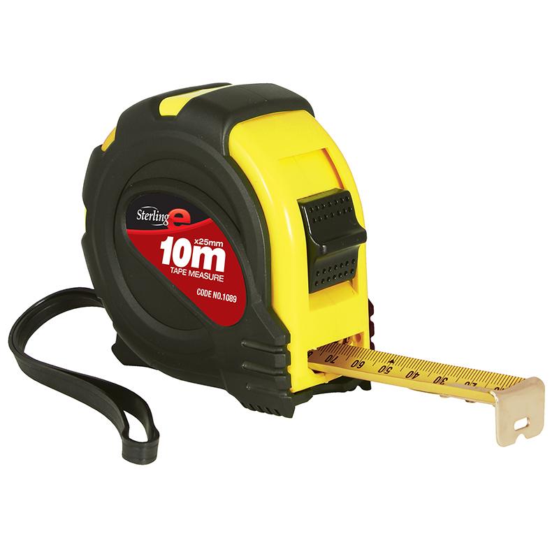 Yellow and black retractable tape measure with blade extended and metal hook at the end.