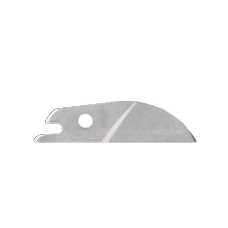 Small silver metal tool with a curved, rounded blade and a forked tip, featuring a circular hole near the base.