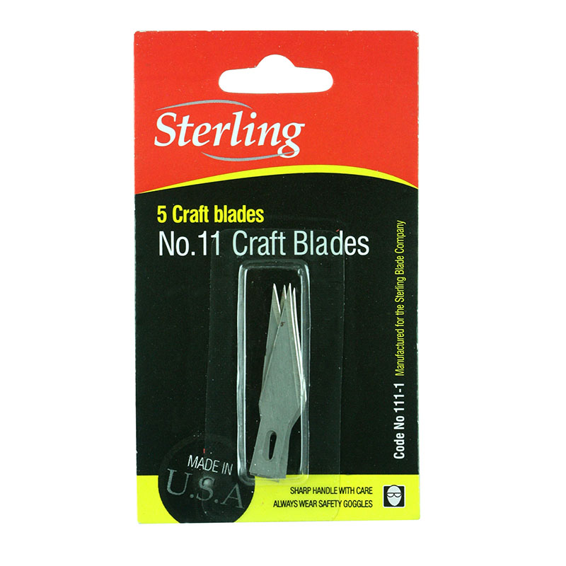 Sterling No.11 craft blades package containing five blades in a clear plastic holder on a red and black box.