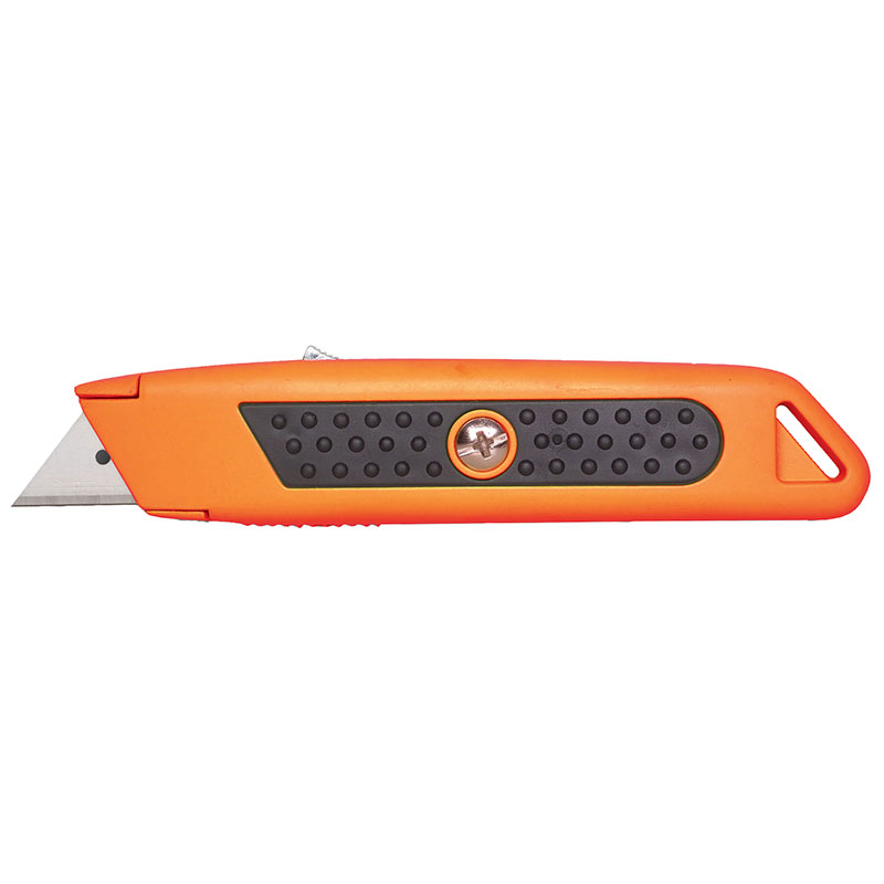 Orange utility knife with a retractable blade and black textured grip on white background
