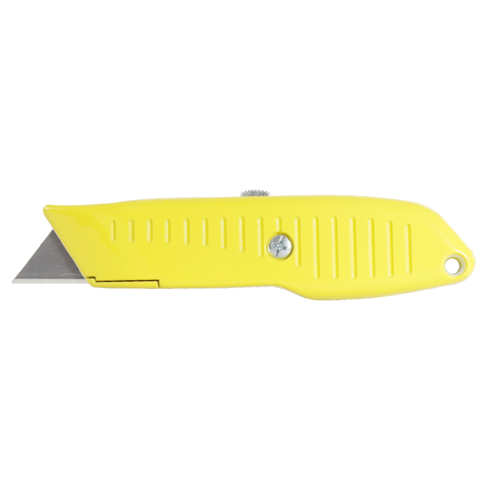 Yellow retractable utility knife with a partially extended metal blade and ridged handle surface.