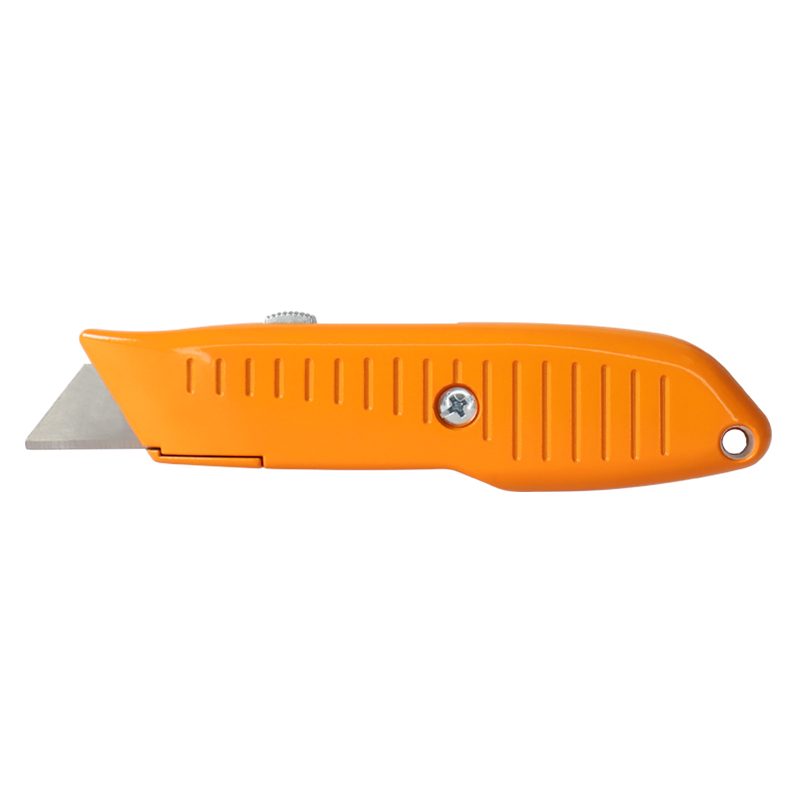 Orange utility knife with a silver extended blade on a white background, textured grip visible.