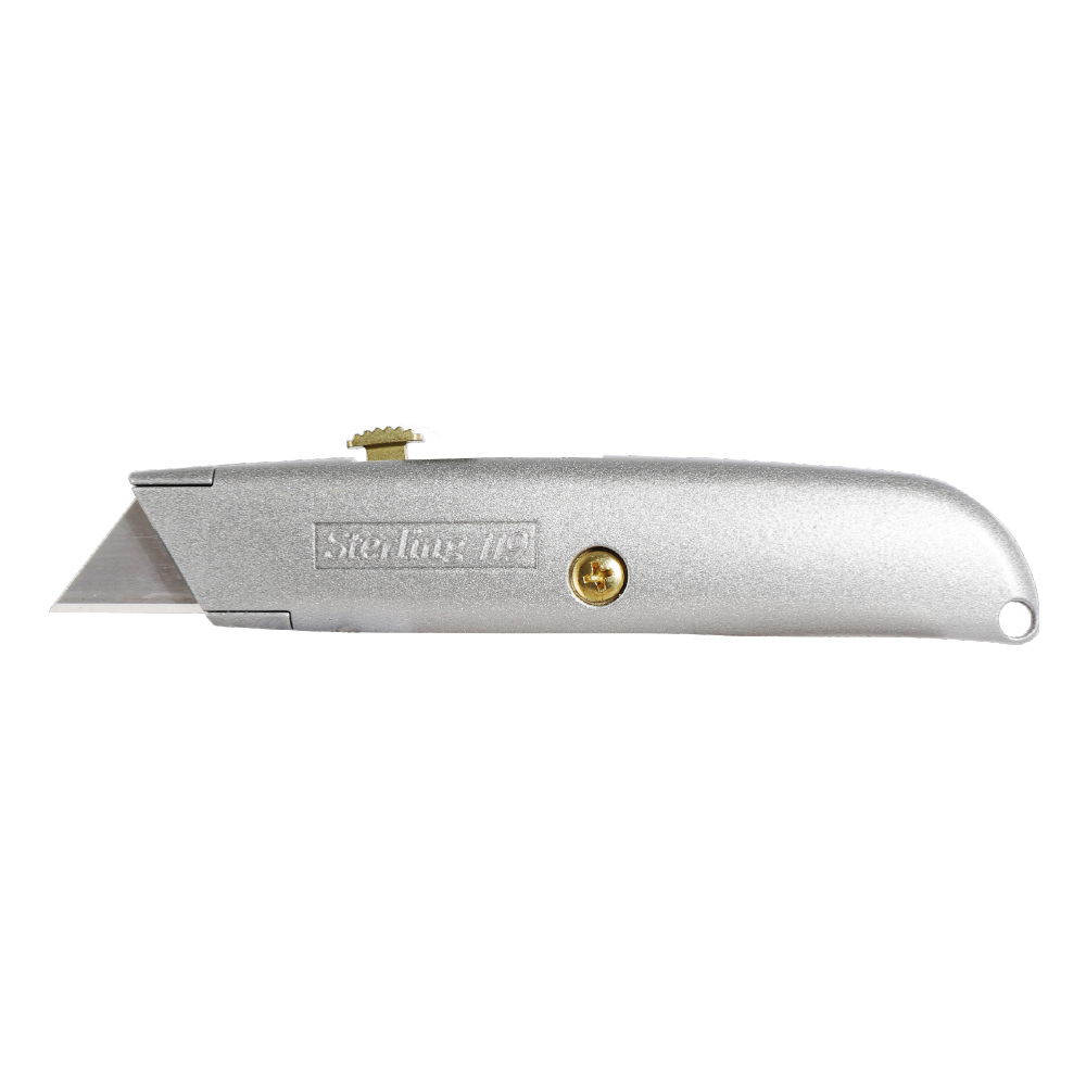 Silver retractable utility knife with the blade extended from the handle, on a white background, showing a small screw and knob.