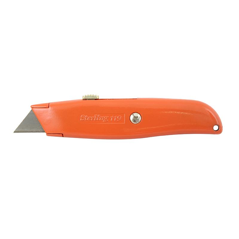 Orange retractable utility knife with a sharp metal blade extended for cutting materials like cardboard or plastic.