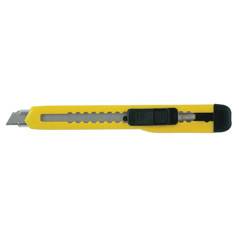 Yellow retractable utility knife with a sliding blade and black thumb grip, used for cutting boxes and paper.