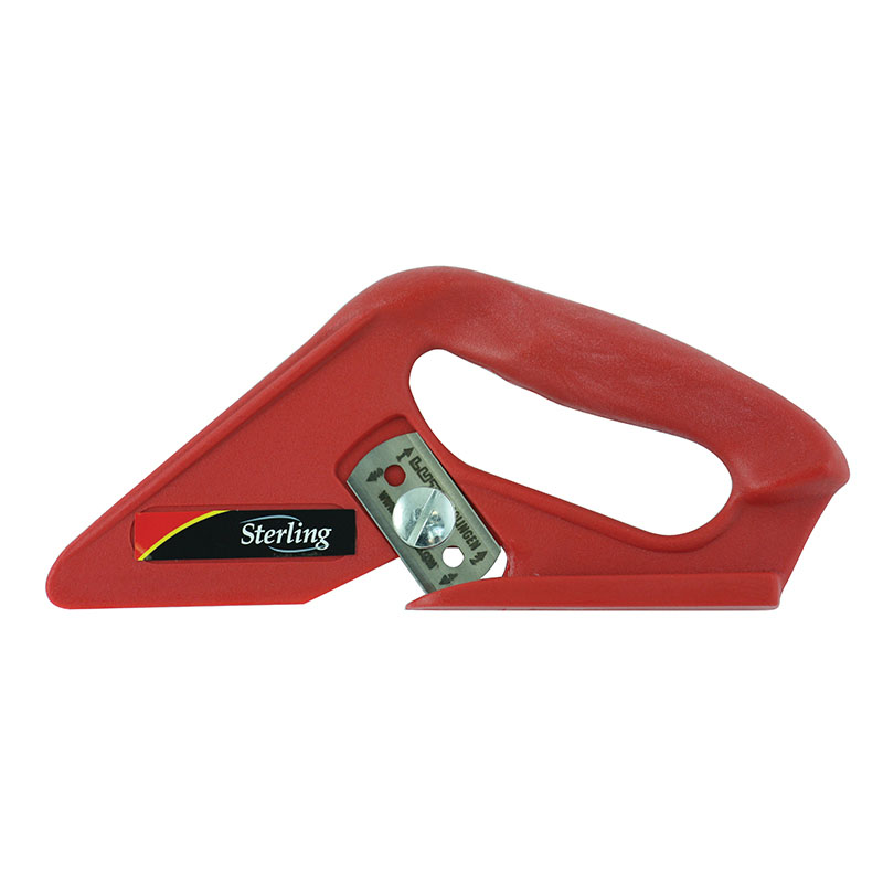 Red handheld utility knife with exposed blade for cutting cardboard or plastic materials