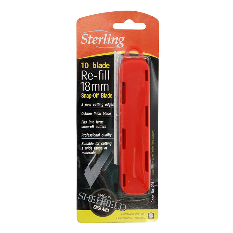 Sterling 18mm snap-off blade refill pack with red plastic blade carrier, 10 blades included (for utility knife).