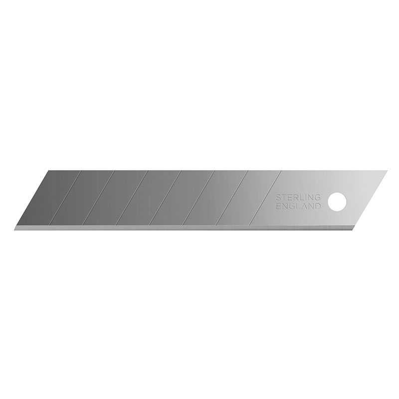 Silver utility blade with diagonal grooves, a circular hole near the end, and 'STERLING ENGLAND' stamped on it.