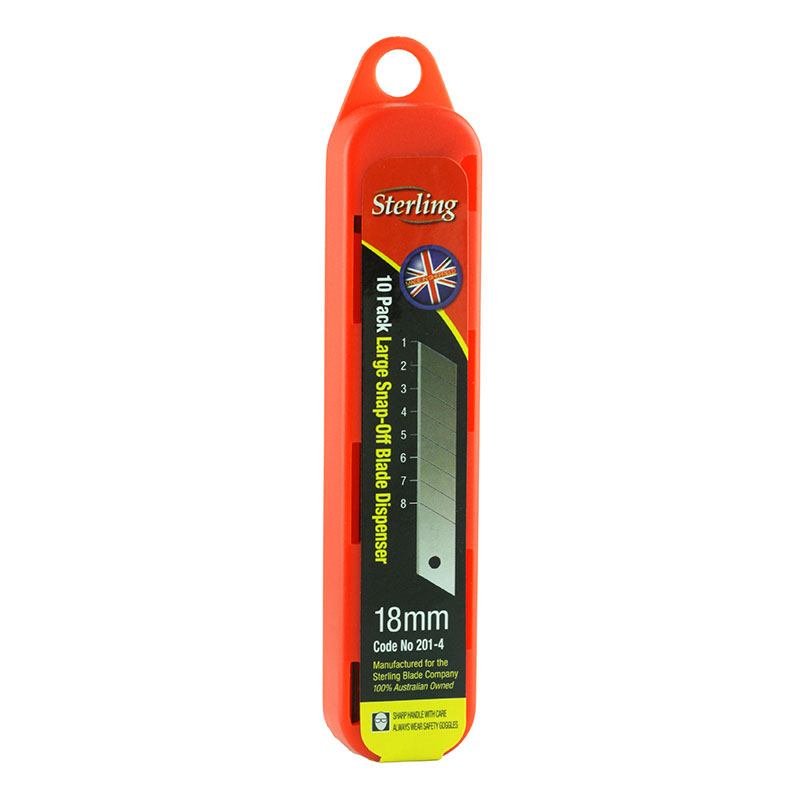 Orange Sterling 18mm blade dispenser for snap-off blades, with a hanging hole at the top.
