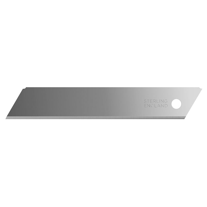 Single silver razor blade oriented diagonally, stamped 'STERLING ENGLAND' with a circular hole near the edge.