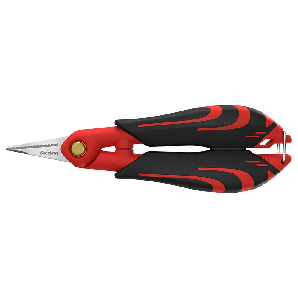 Red and black spring-loaded hand snips with a serrated blade and locking latch (Sterling brand)