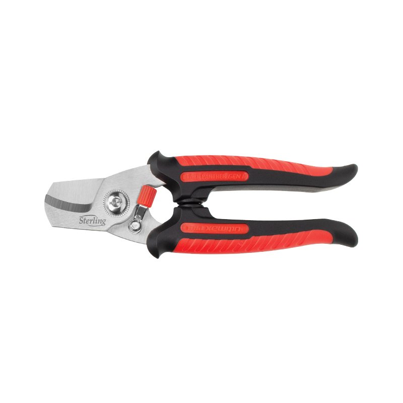 Red and black hand pruner with a silver blade for gardening (bypass pruning shear)