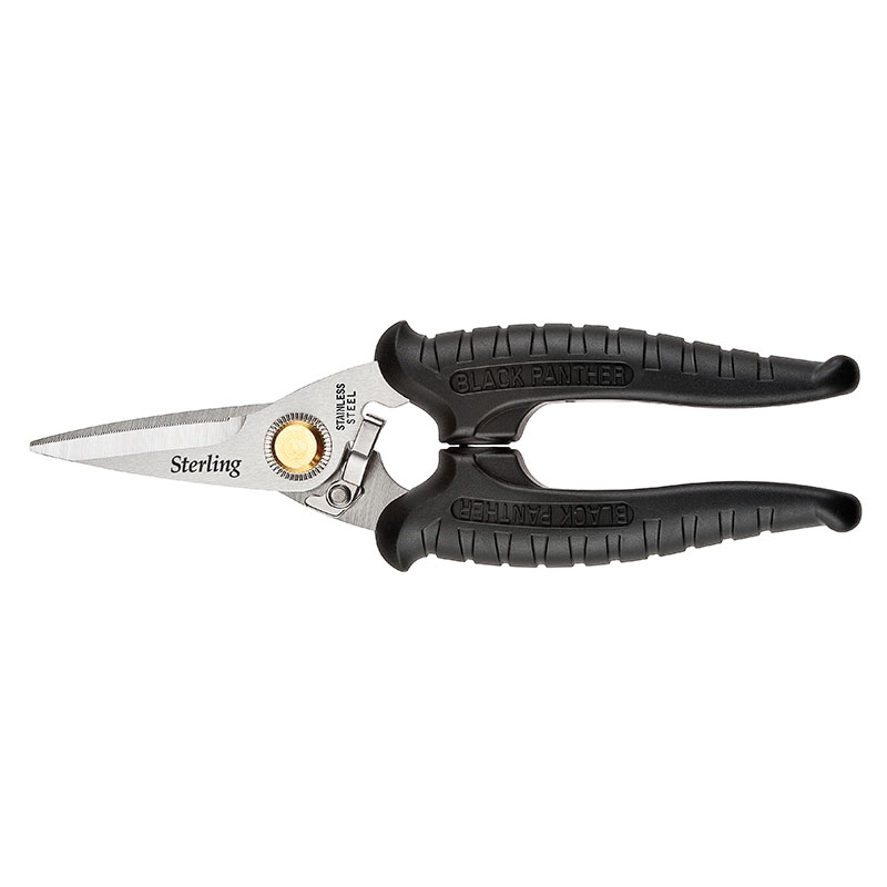 Tin snips (metal cutting shears) with black ergonomic handles and locking latch for sheet metal cutting, stainless steel blades.
