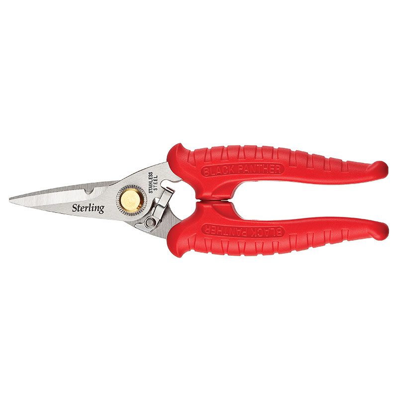 Red-handled cutting shears with stainless steel blades and a pivot bolt in the center